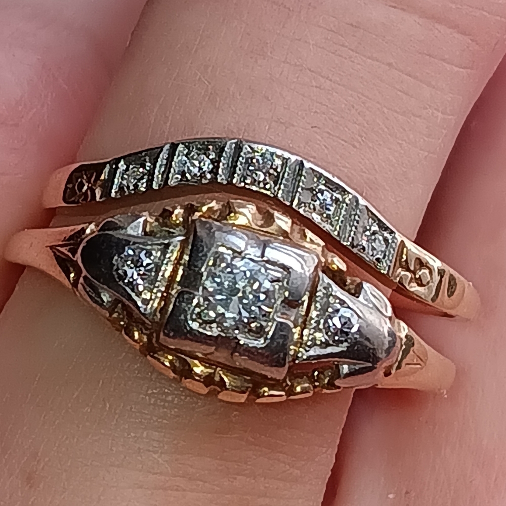 Antique 2pc Wedding Rings 14kt Gold Palladium Natural Diamonds